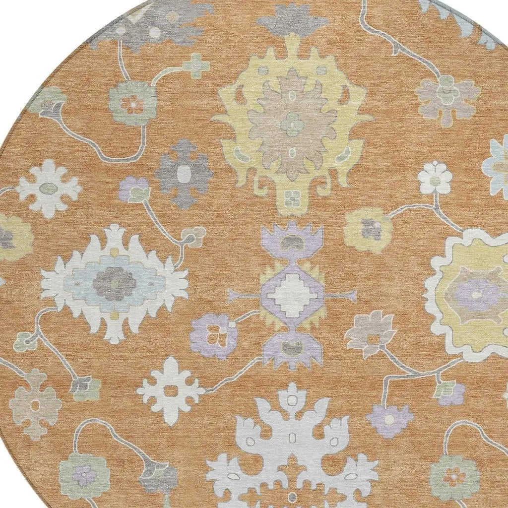 8' Copper And Gold Round Oriental Washable Indoor Outdoor Area Rug Homeroots Outdoor