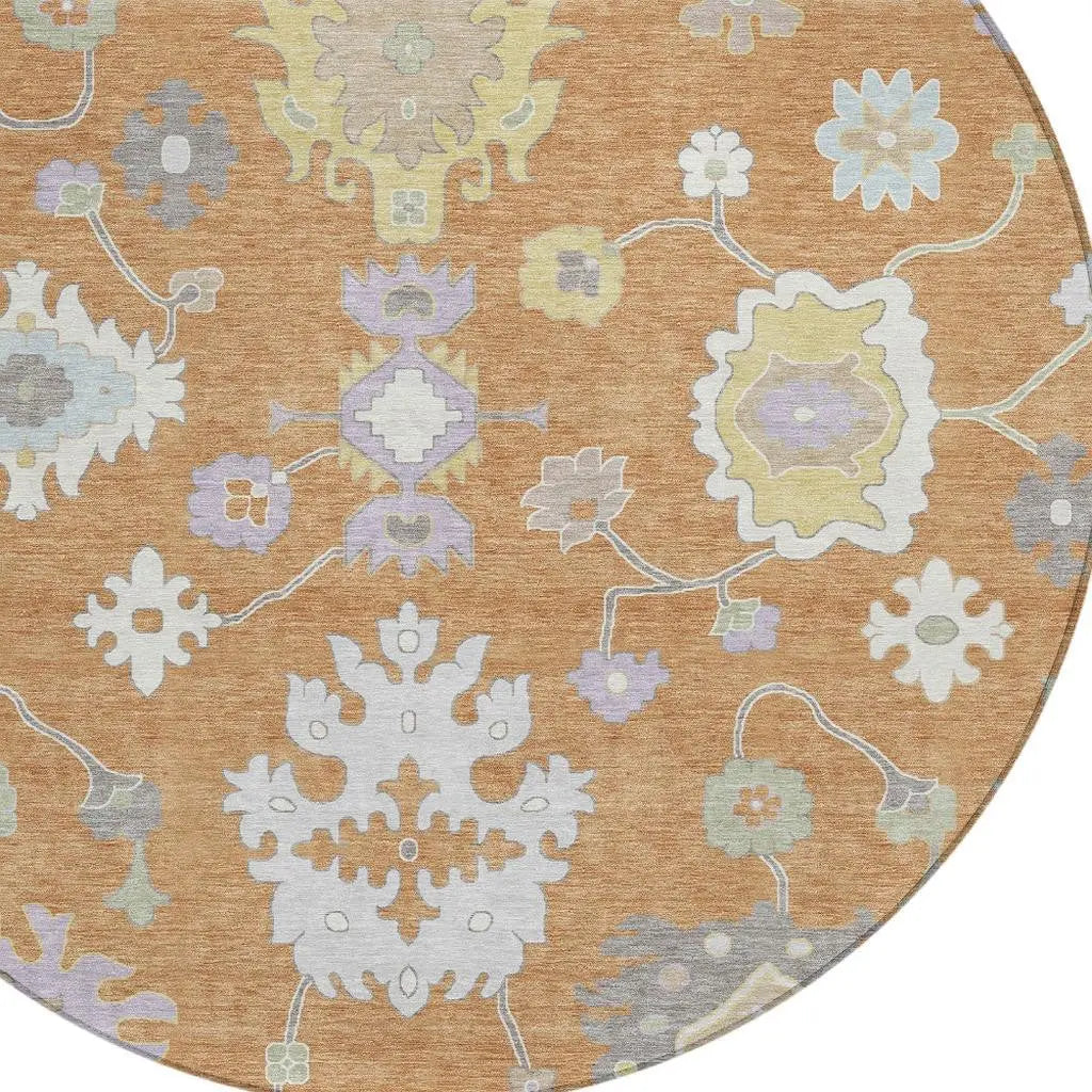 8' Copper And Gold Round Oriental Washable Indoor Outdoor Area Rug Homeroots Outdoor