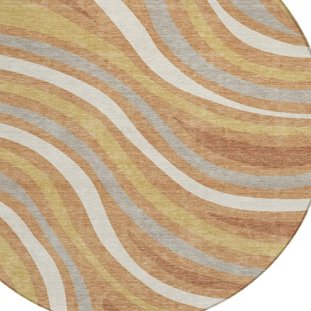 8' Copper And Gold Round Striped Washable Indoor Outdoor Area Rug Homeroots Outdoor