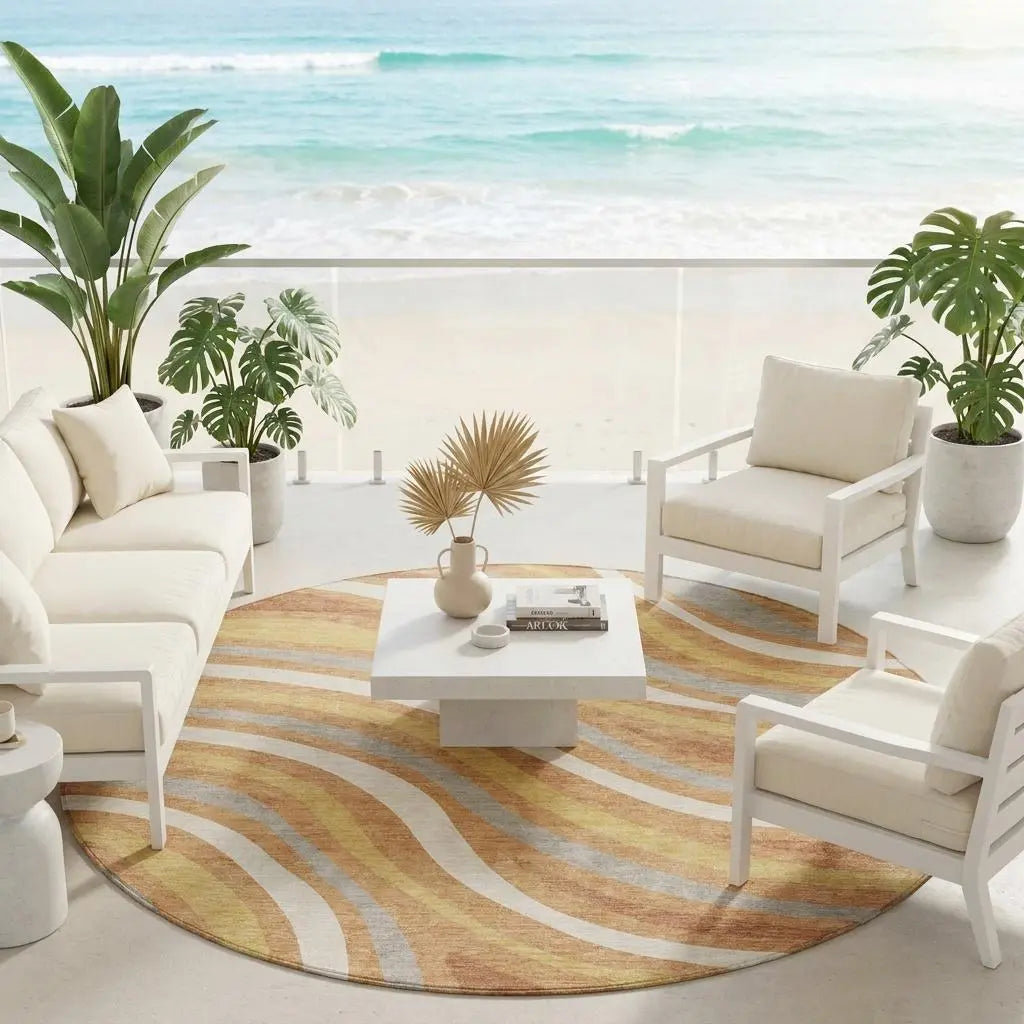 8' Copper And Gold Round Striped Washable Indoor Outdoor Area Rug Homeroots Outdoor