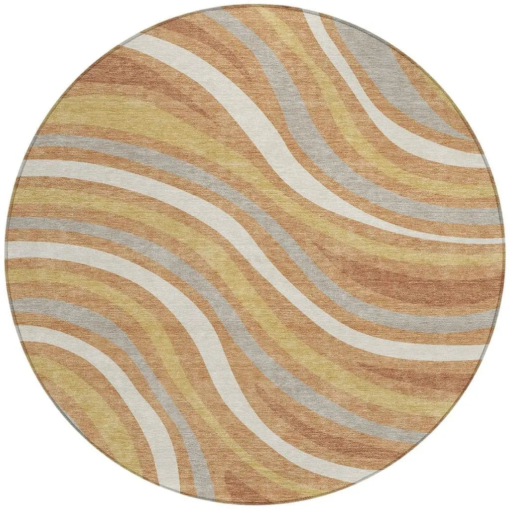 8' Copper And Gold Round Striped Washable Indoor Outdoor Area Rug Homeroots Outdoor