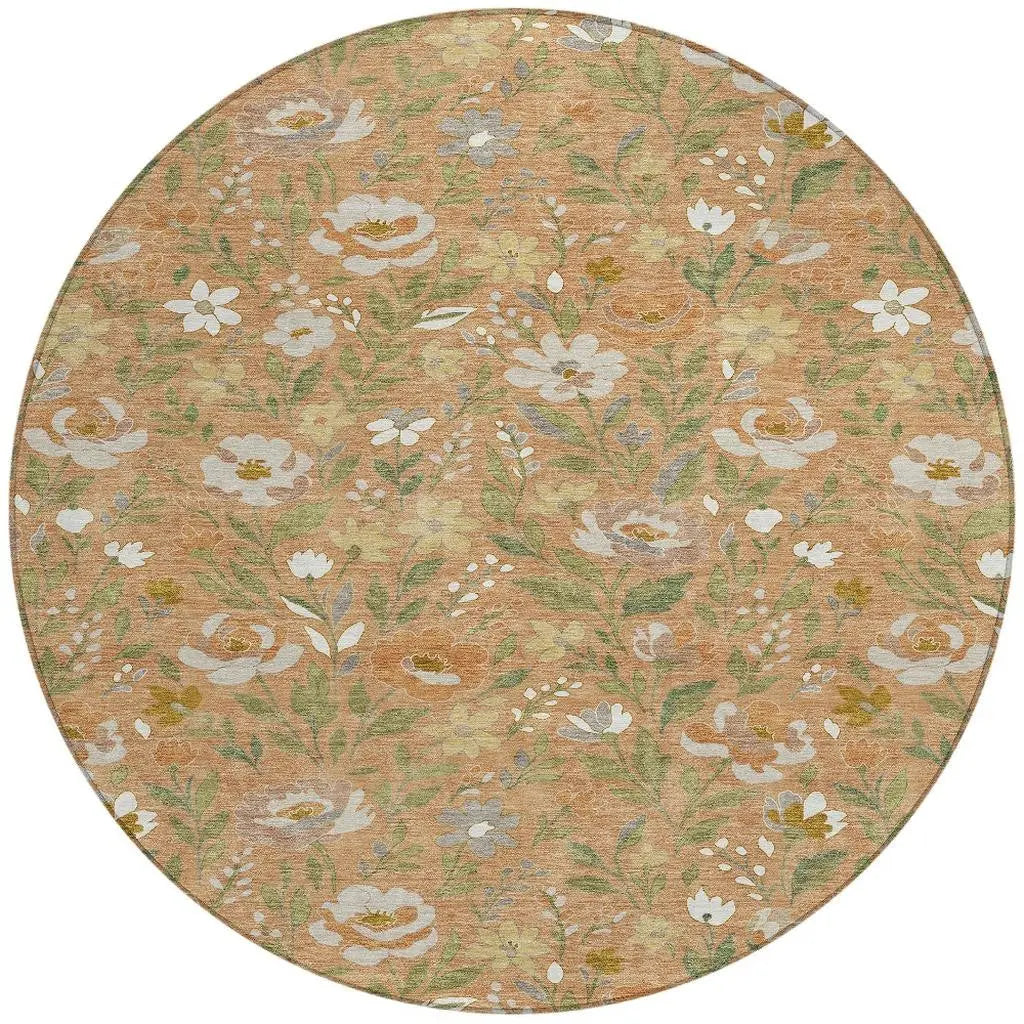 8' Copper And Green Round Floral Washable Indoor Outdoor Area Rug Homeroots Outdoor
