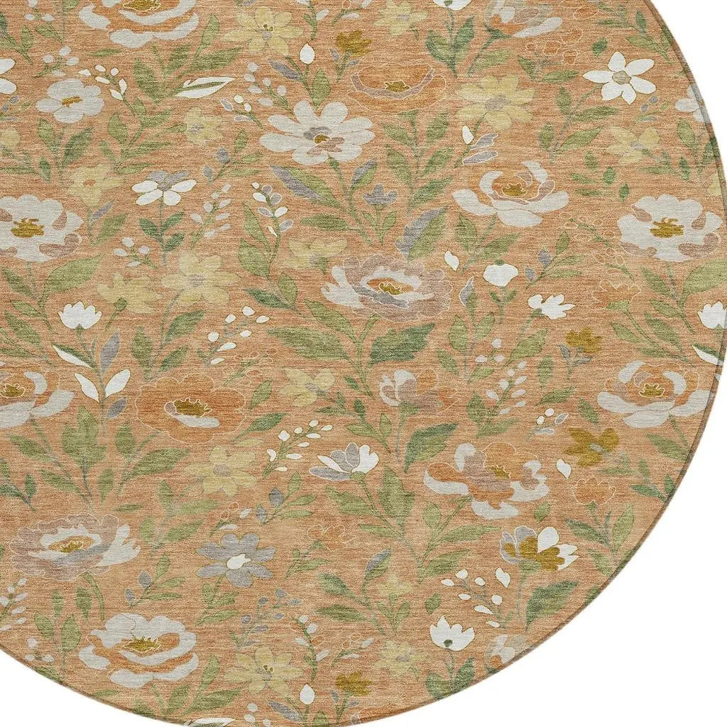 Floral round area rug in warm beige with pastel flowers, perfect for bohemian or vintage decor styles.