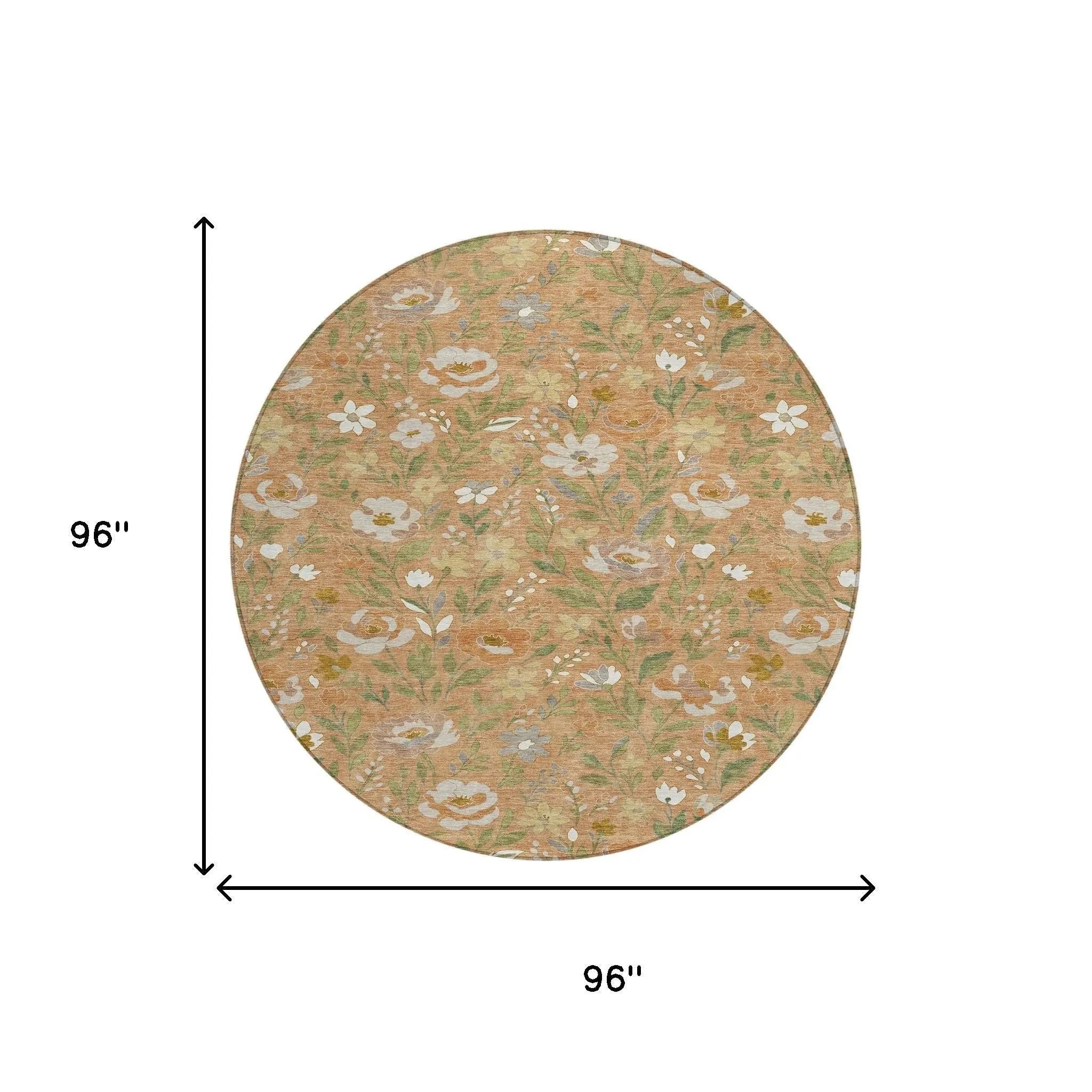 Round 96" floral area rug in beige and pastel colors, featuring a vintage-inspired design and soft textile material.