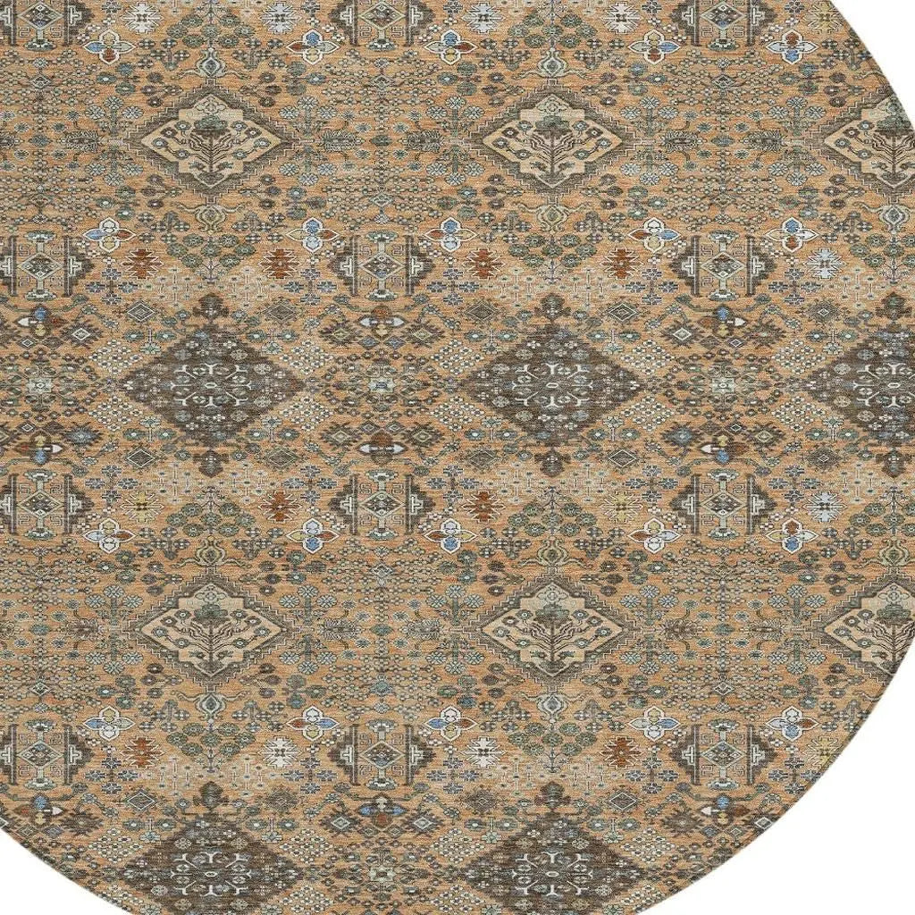 8' Copper And Green Round Geometric Washable Indoor Outdoor Area Rug Homeroots Outdoor