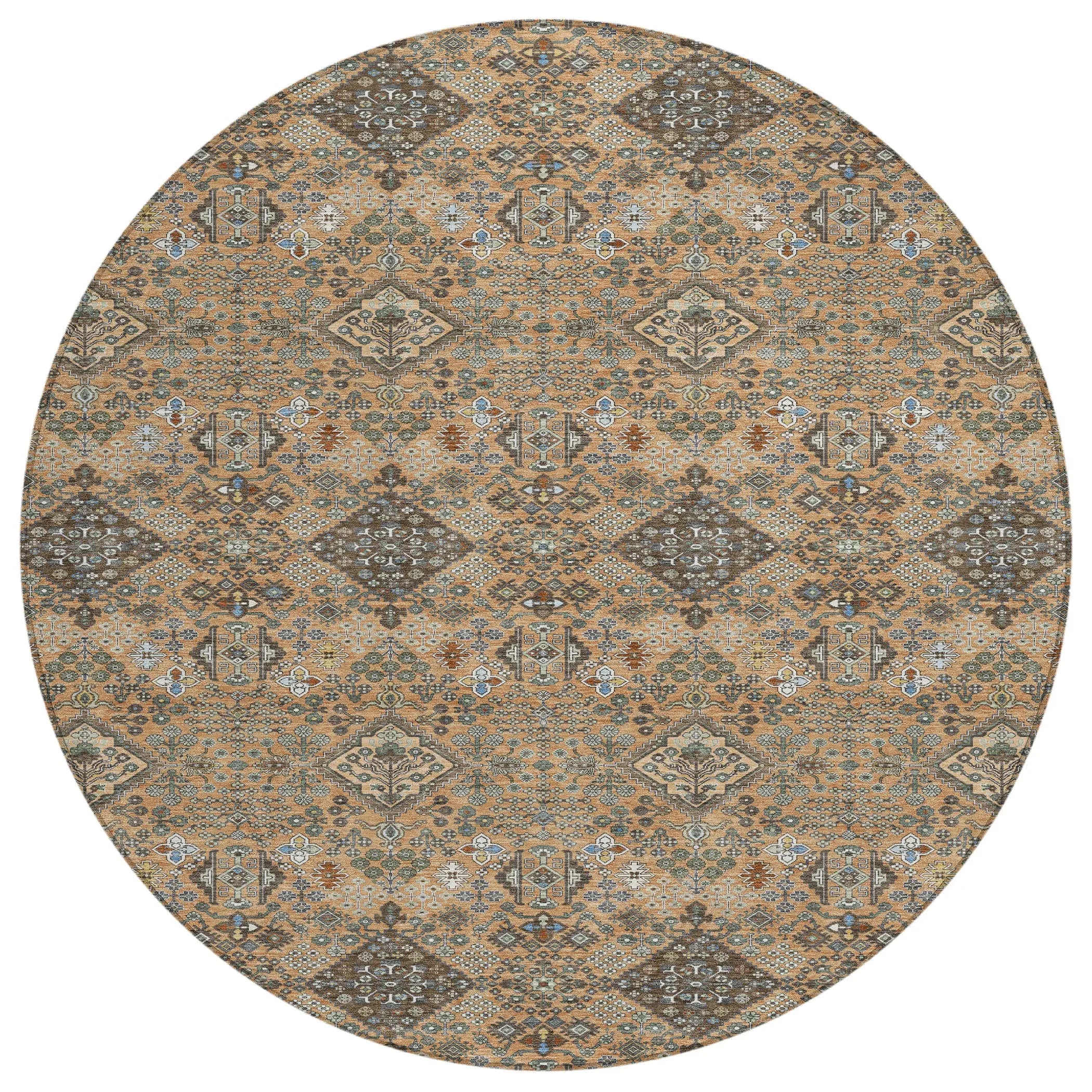 8' Copper And Green Round Geometric Washable Indoor Outdoor Area Rug Homeroots Outdoor