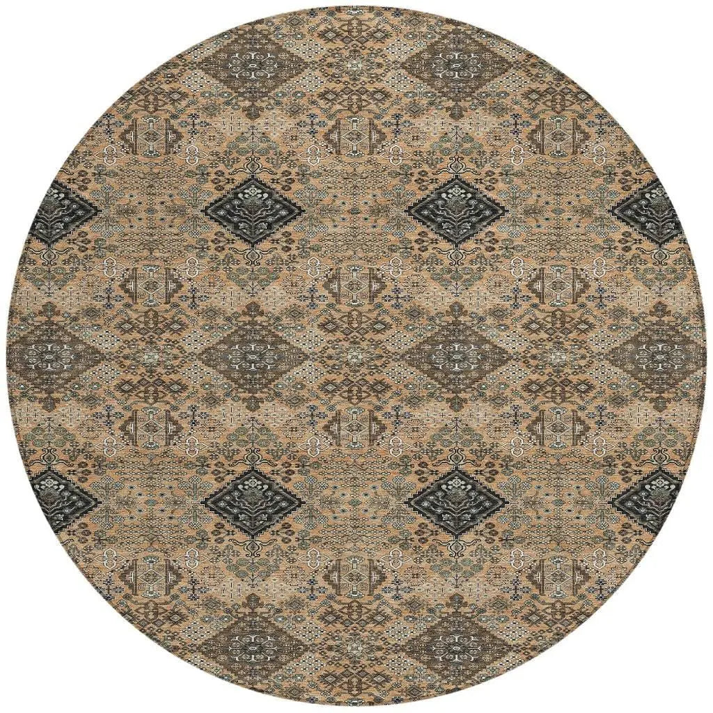 8' Copper And Green Round Geometric Washable Indoor Outdoor Area Rug Homeroots Outdoor