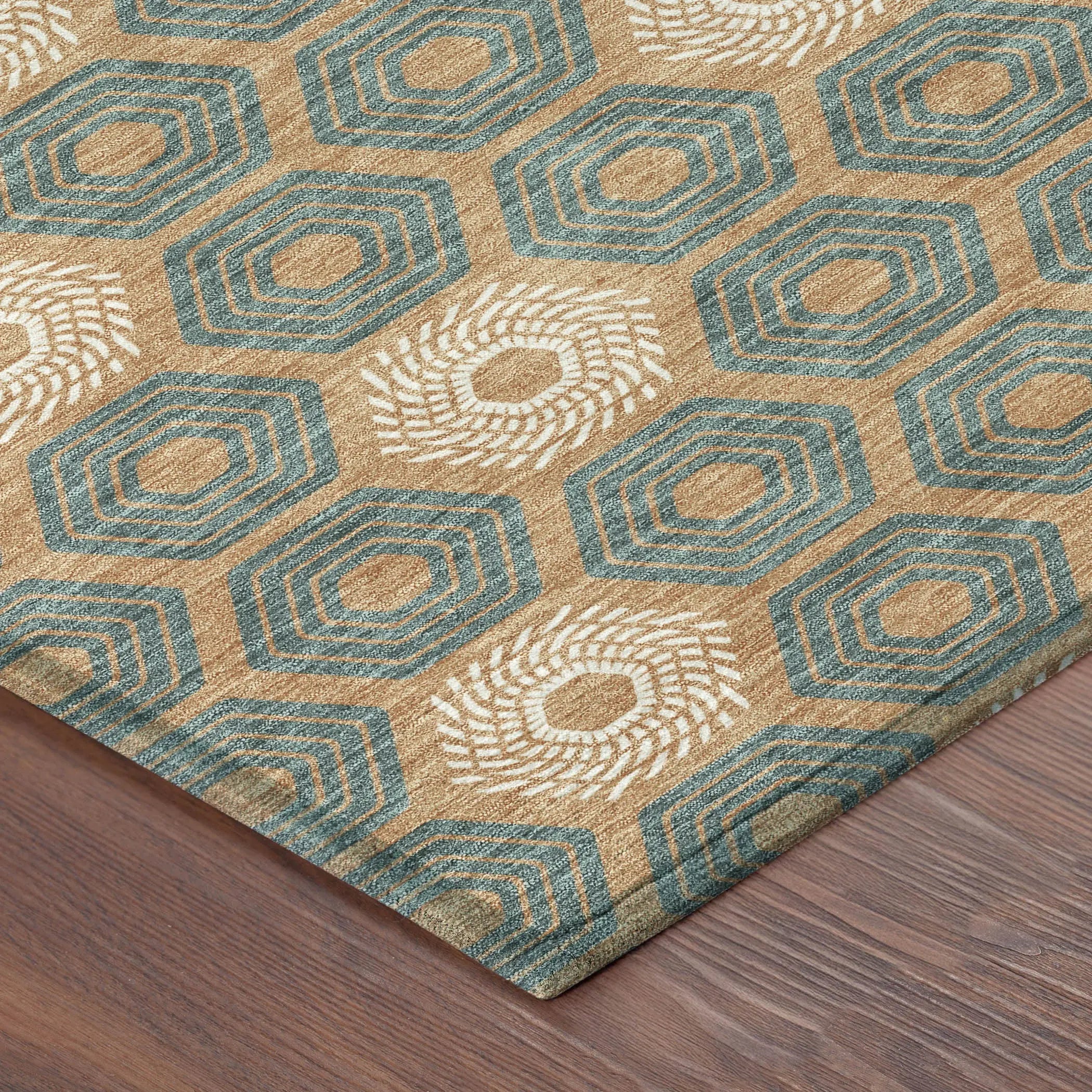 8' Copper And Green Round Geometric Washable Indoor Outdoor Area Rug Homeroots Outdoor
