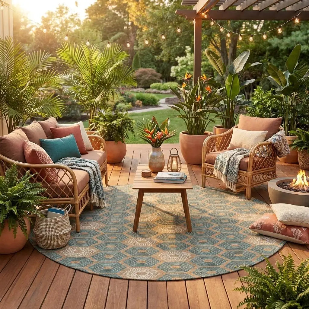 8' Copper And Green Round Geometric Washable Indoor Outdoor Area Rug Homeroots Outdoor