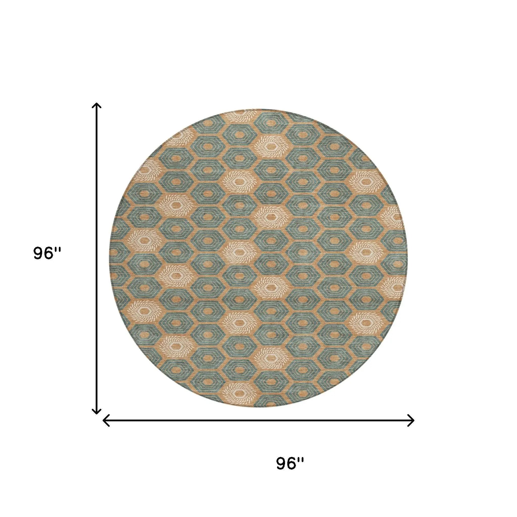 8' Copper And Green Round Geometric Washable Indoor Outdoor Area Rug Homeroots Outdoor