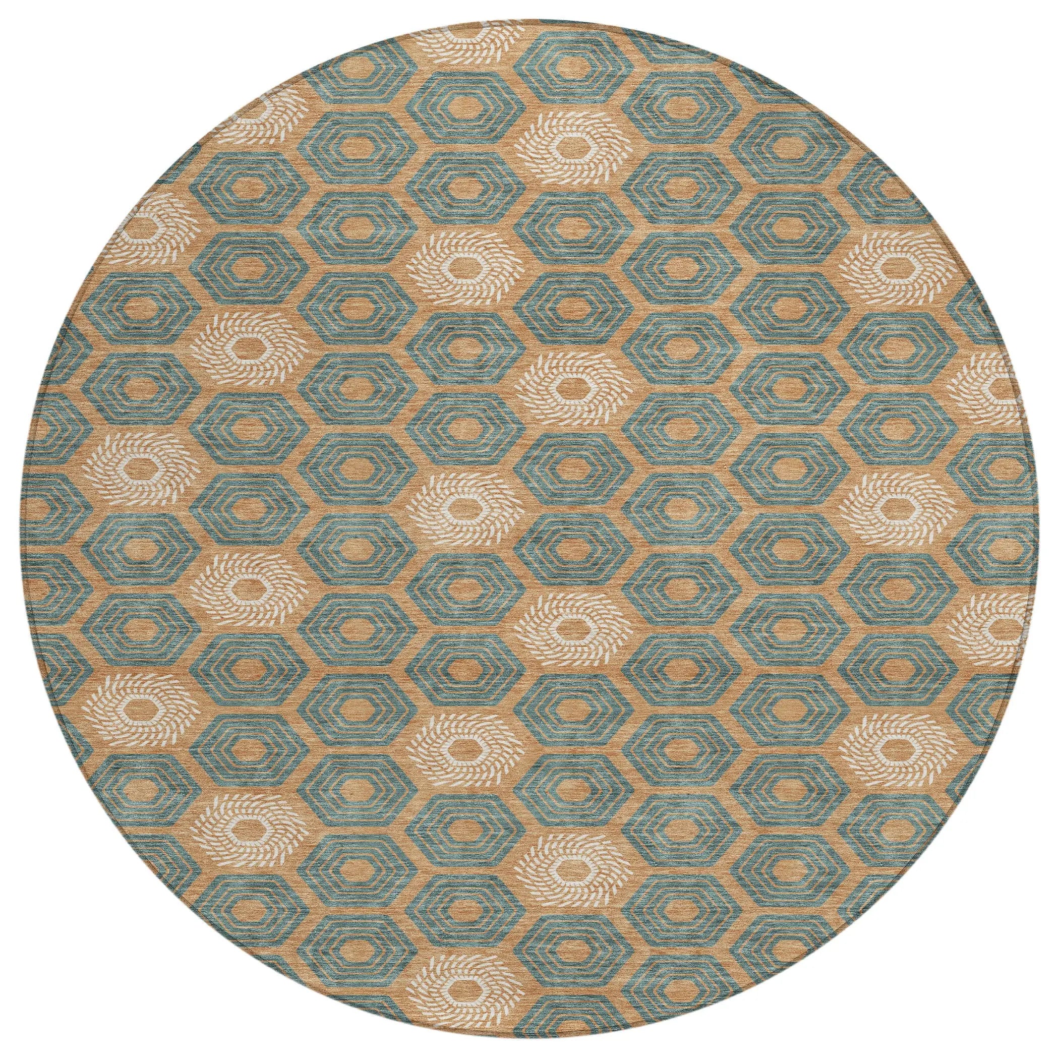 8' Copper And Green Round Geometric Washable Indoor Outdoor Area Rug Homeroots Outdoor
