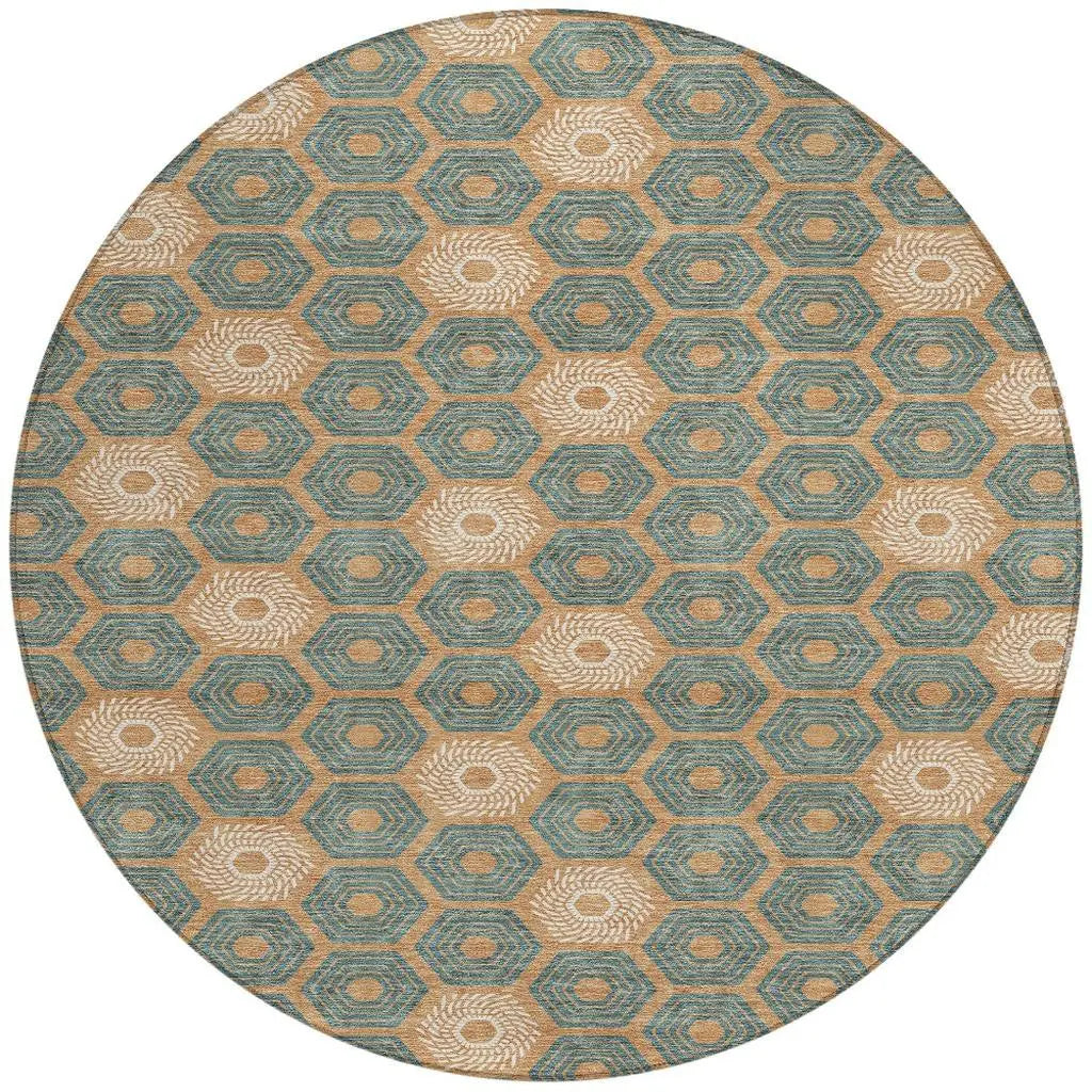8' Copper And Green Round Geometric Washable Indoor Outdoor Area Rug Homeroots Outdoor