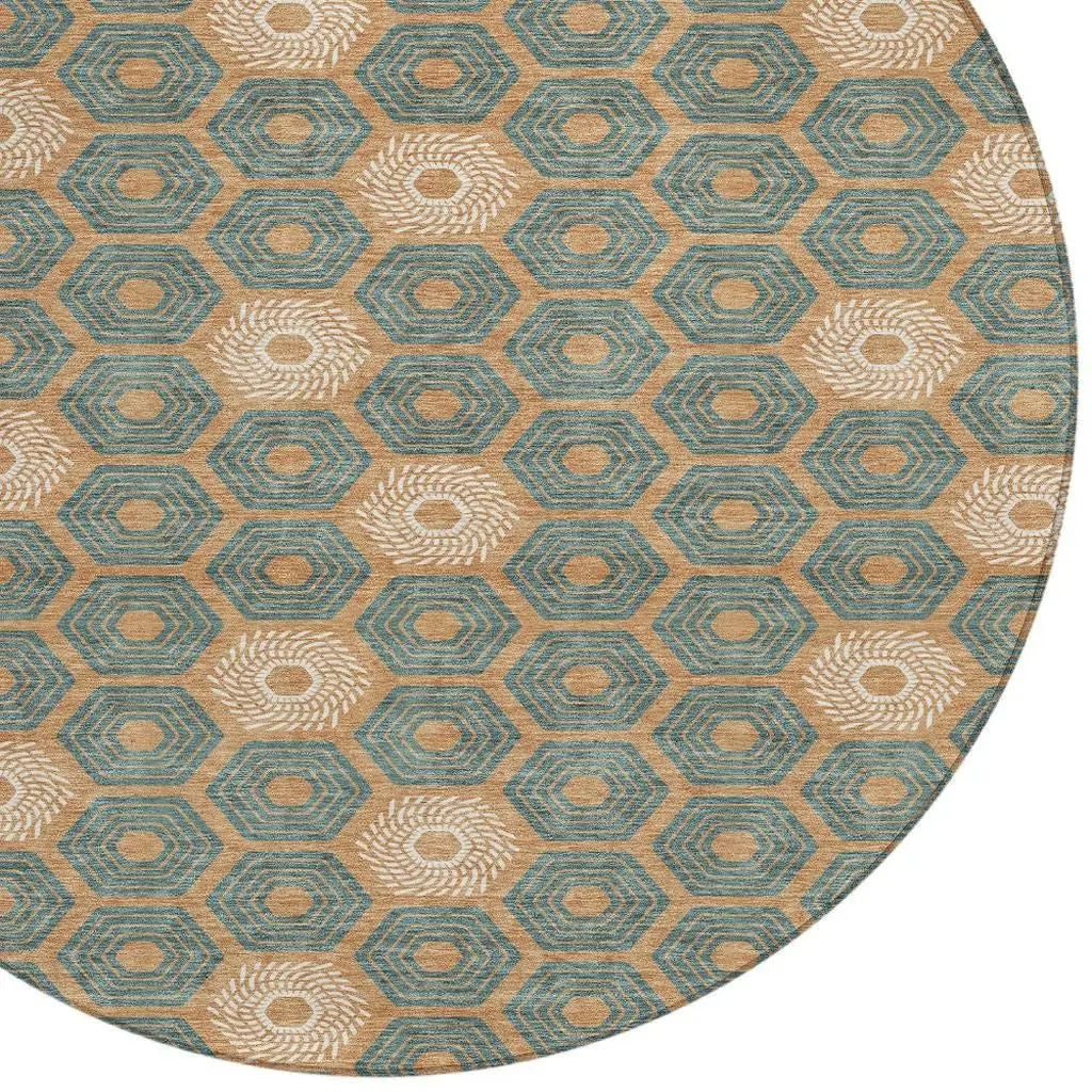 8' Copper And Green Round Geometric Washable Indoor Outdoor Area Rug Homeroots Outdoor
