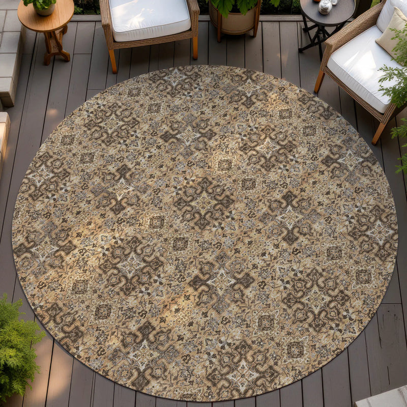 8' Copper And Green Round Oriental Washable Indoor Outdoor Area Rug Homeroots Outdoor