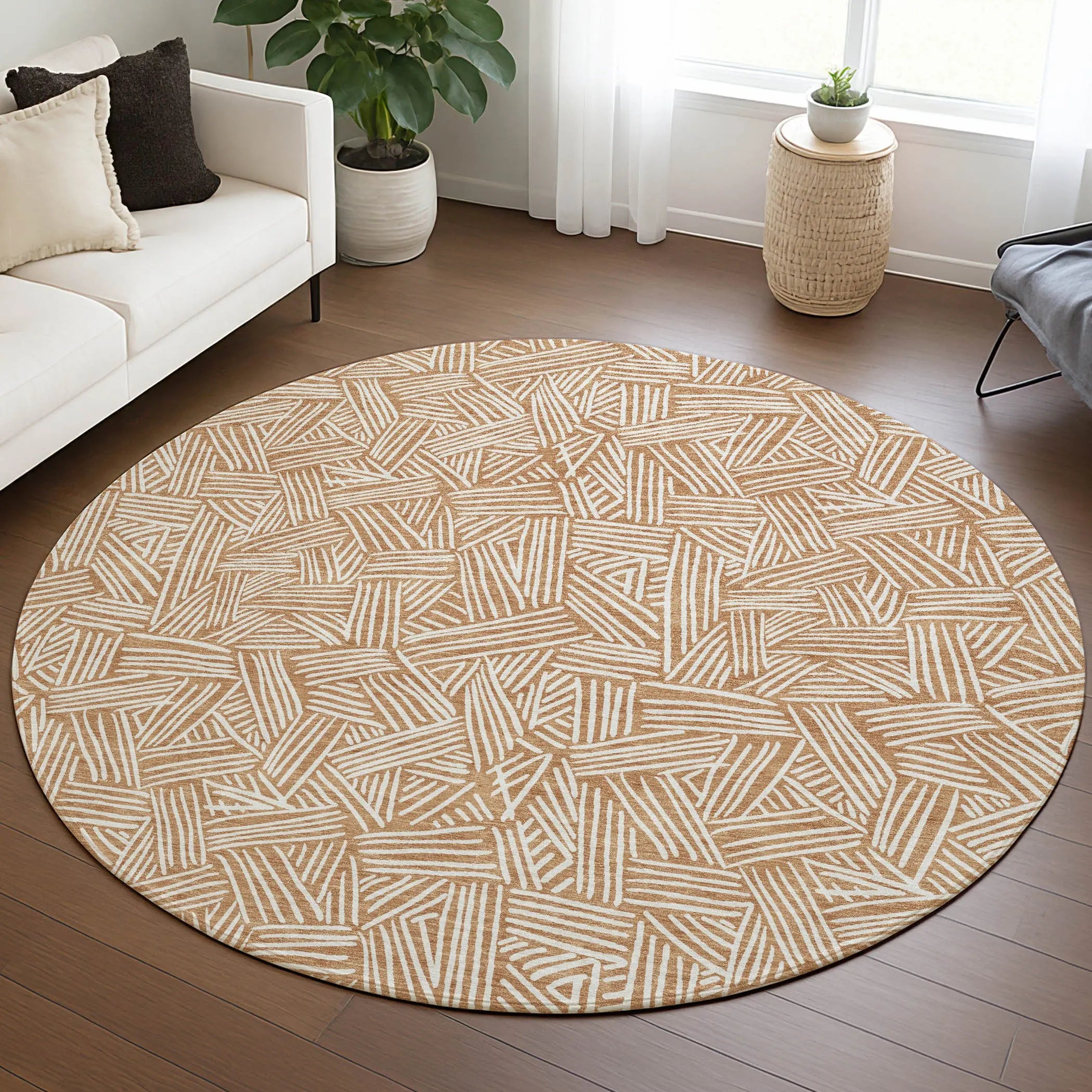 8' Copper And Ivory Round Geometric Washable Indoor Outdoor Area Rug Homeroots Outdoor