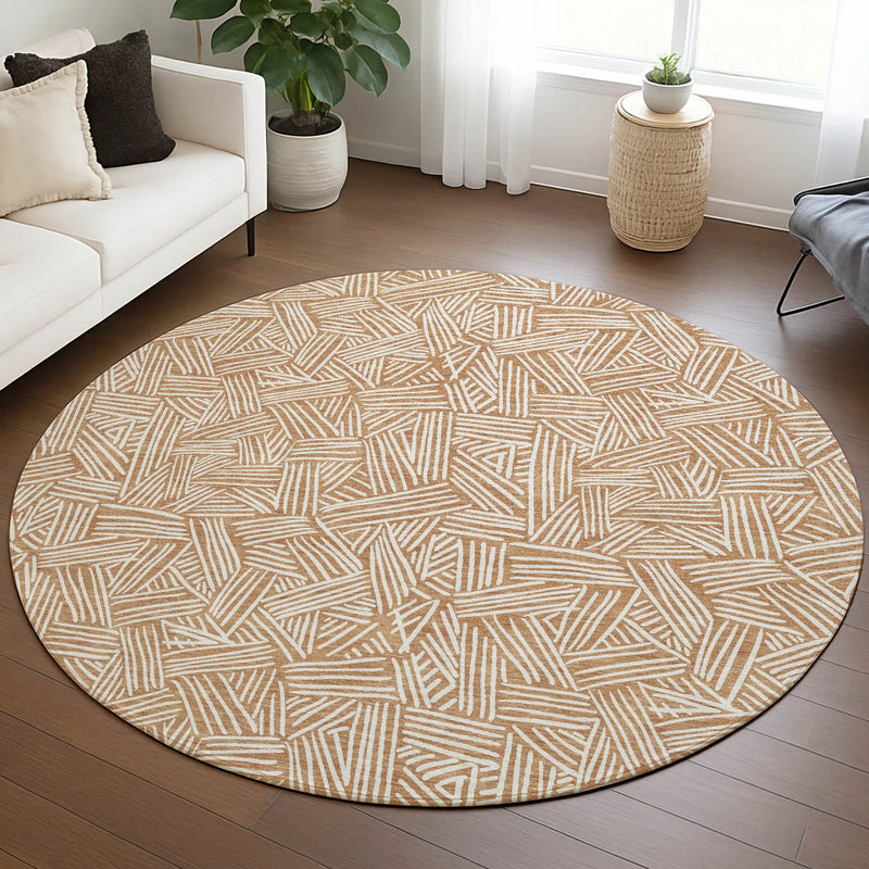 8' Copper And Ivory Round Geometric Washable Indoor Outdoor Area Rug Homeroots Outdoor