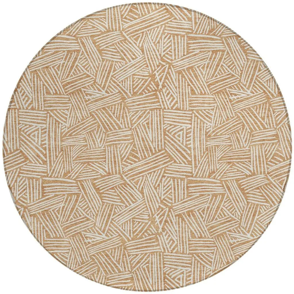 8' Copper And Ivory Round Geometric Washable Indoor Outdoor Area Rug Homeroots Outdoor