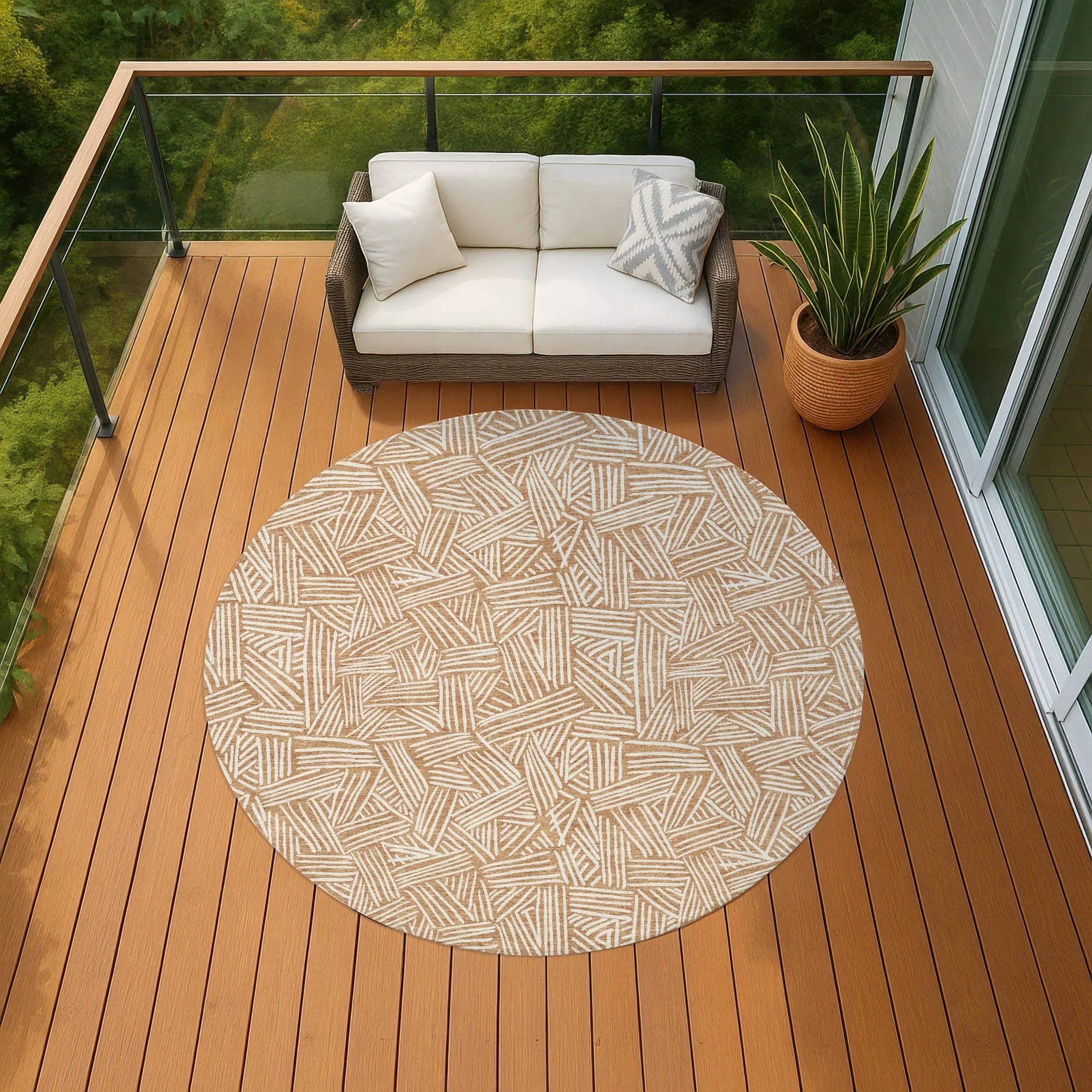 8' Copper And Ivory Round Geometric Washable Indoor Outdoor Area Rug Homeroots Outdoor