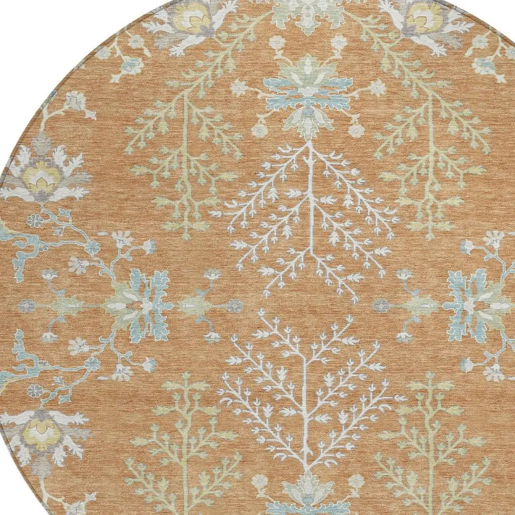 8' Copper And Ivory Round Oriental Washable Indoor Outdoor Area Rug Homeroots Outdoor
