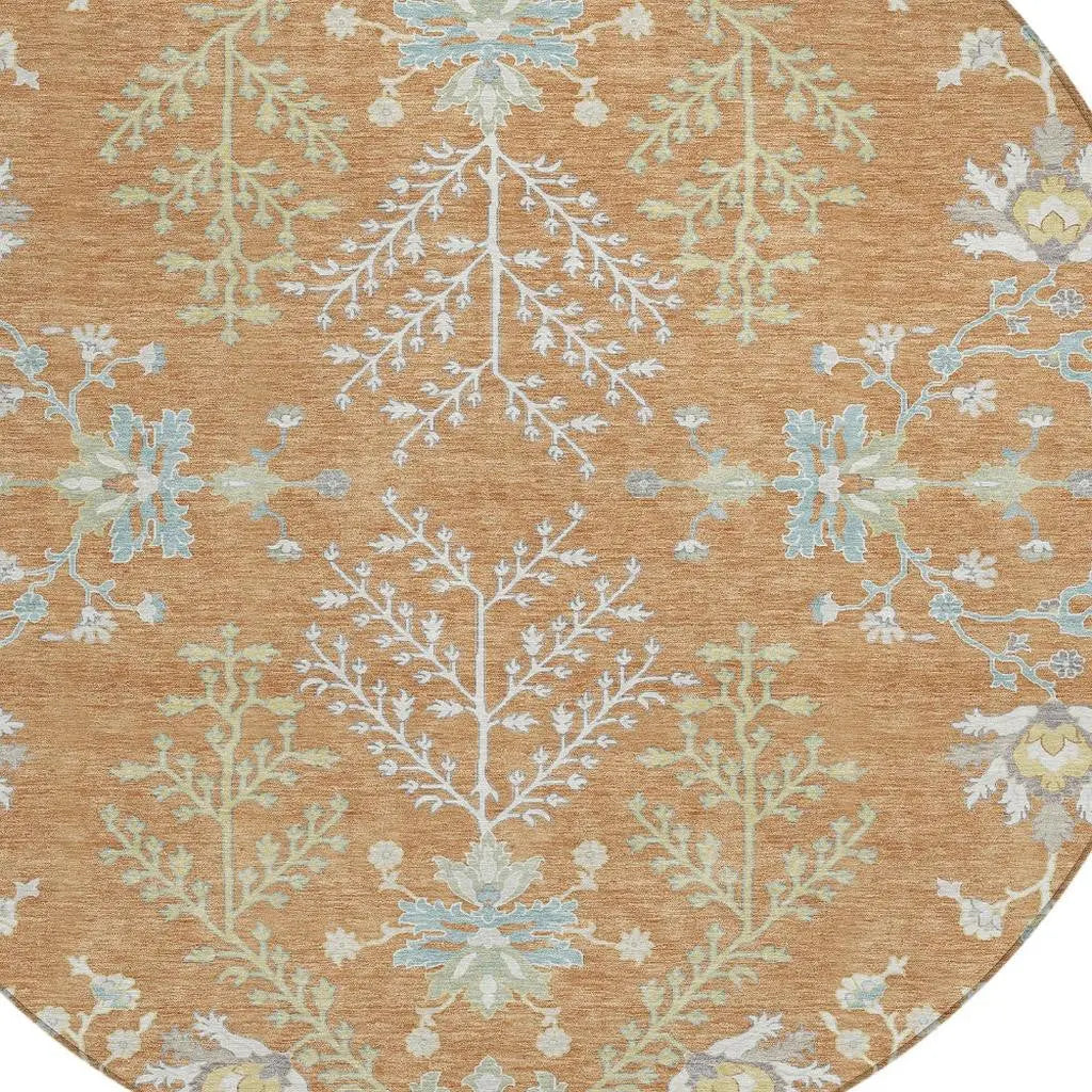 8' Copper And Ivory Round Oriental Washable Indoor Outdoor Area Rug Homeroots Outdoor