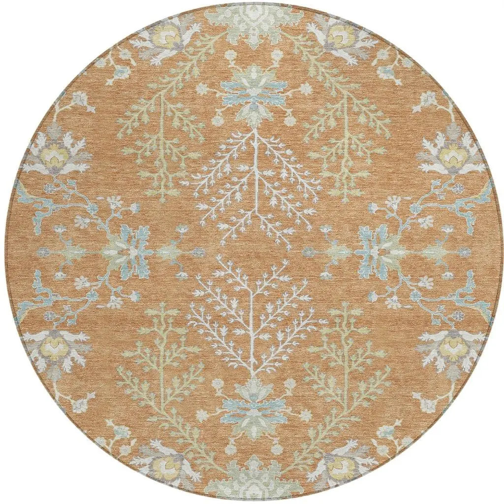 8' Copper And Ivory Round Oriental Washable Indoor Outdoor Area Rug Homeroots Outdoor