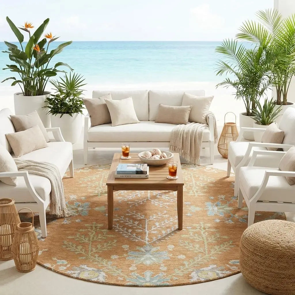 8' Copper And Ivory Round Oriental Washable Indoor Outdoor Area Rug Homeroots Outdoor