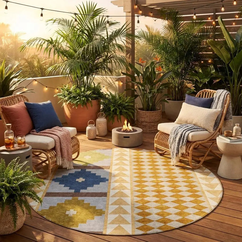 8' Copper And Ivory Round Southwestern Washable Indoor Outdoor Area Rug Homeroots Outdoor