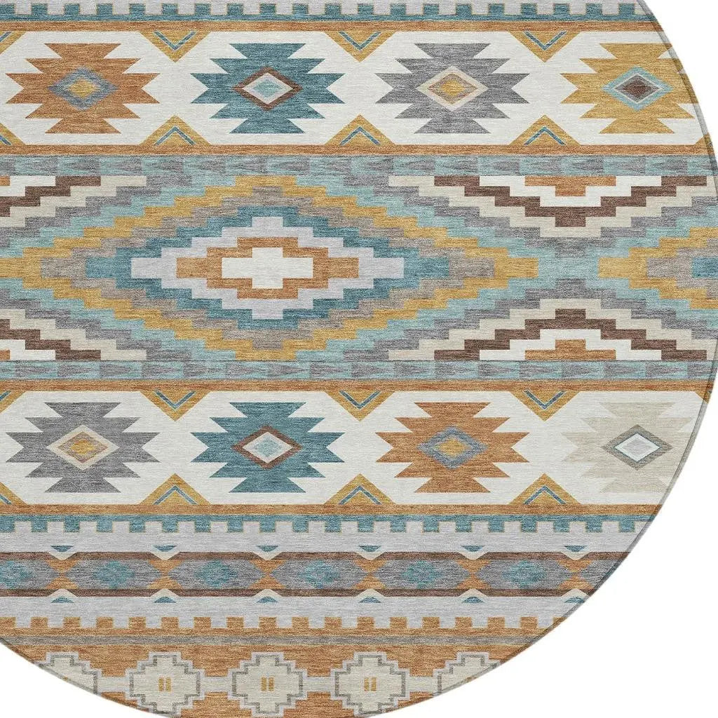 8' Copper And Ivory Round Southwestern Washable Indoor Outdoor Area Rug Homeroots Outdoor