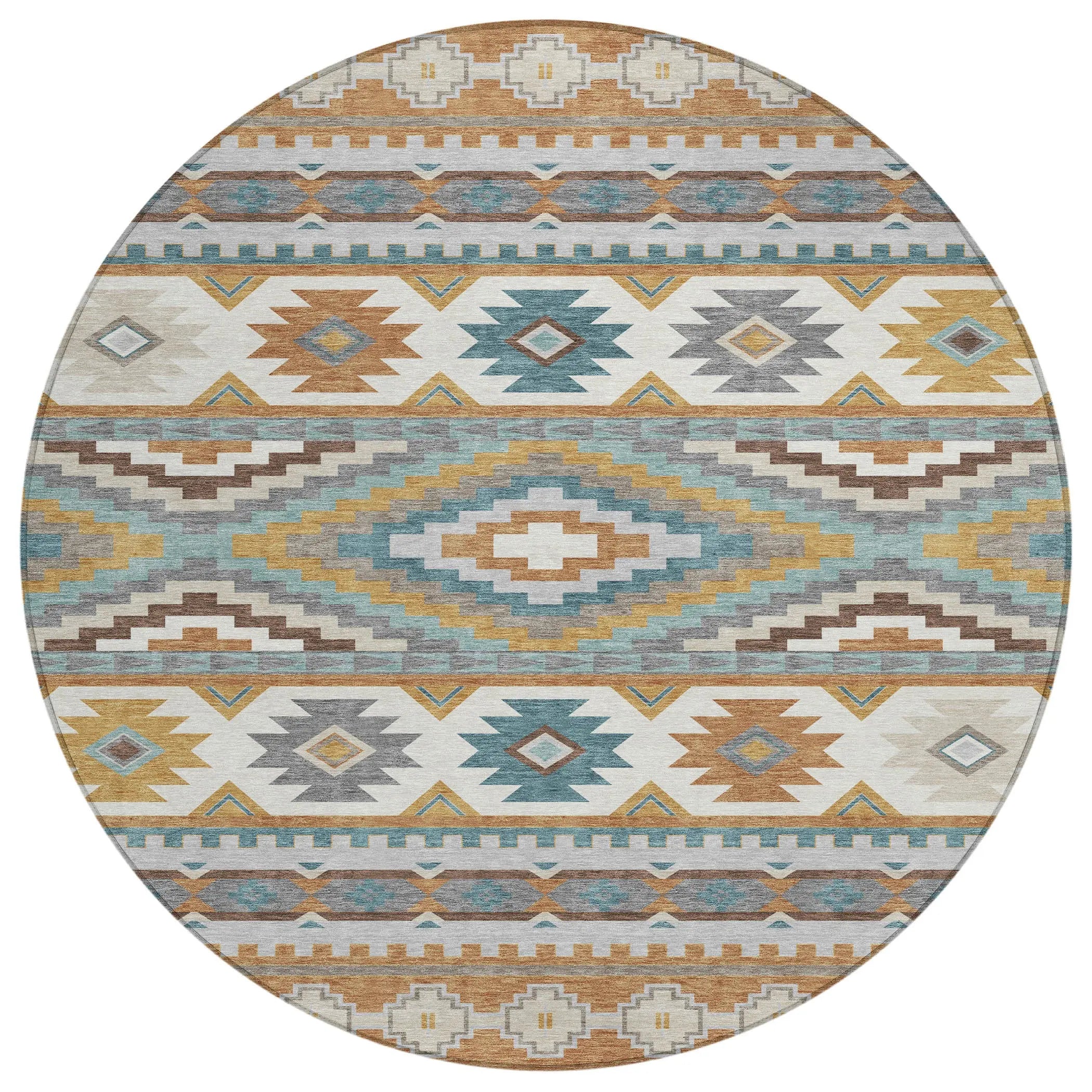 8' Copper And Ivory Round Southwestern Washable Indoor Outdoor Area Rug Homeroots Outdoor