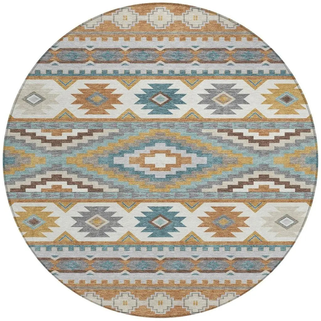 8' Copper And Ivory Round Southwestern Washable Indoor Outdoor Area Rug Homeroots Outdoor
