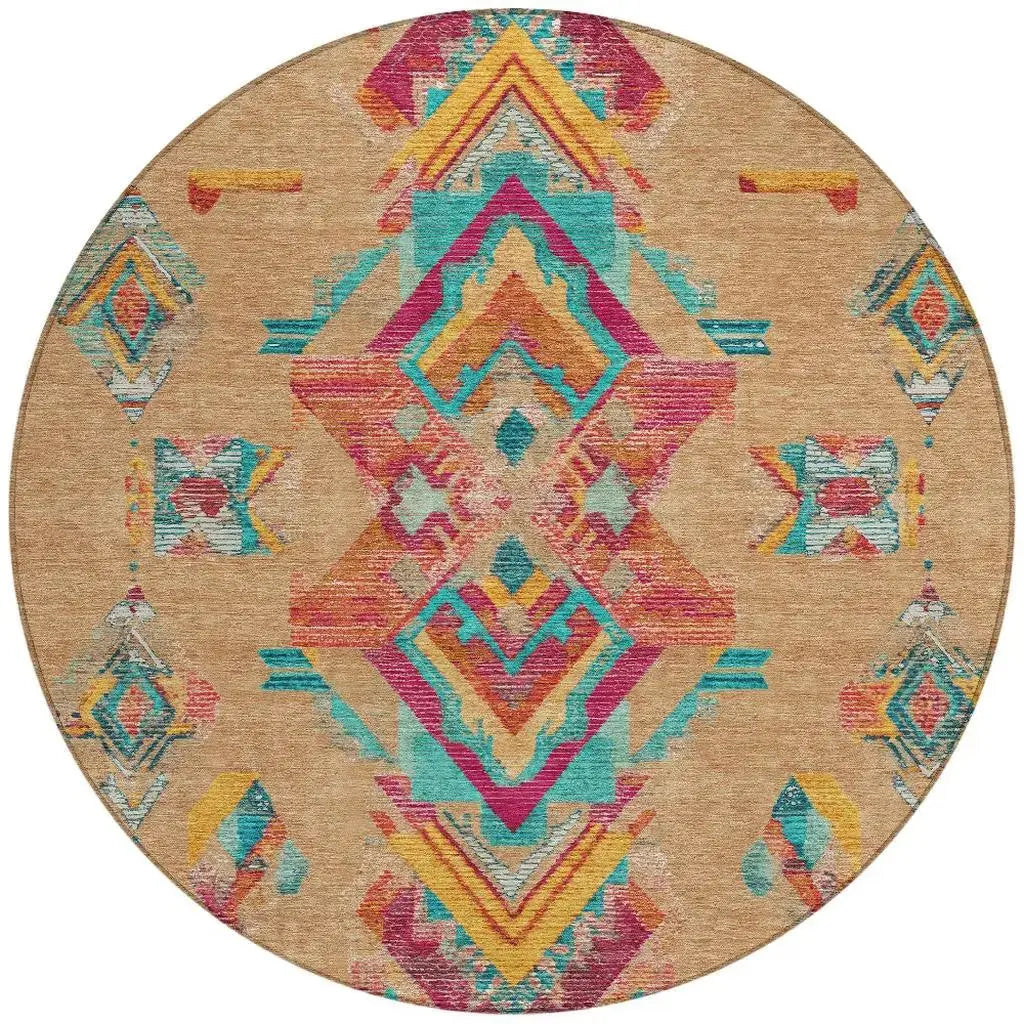8' Copper And Ivory Round Tribal Washable Indoor Outdoor Area Rug Homeroots Outdoor