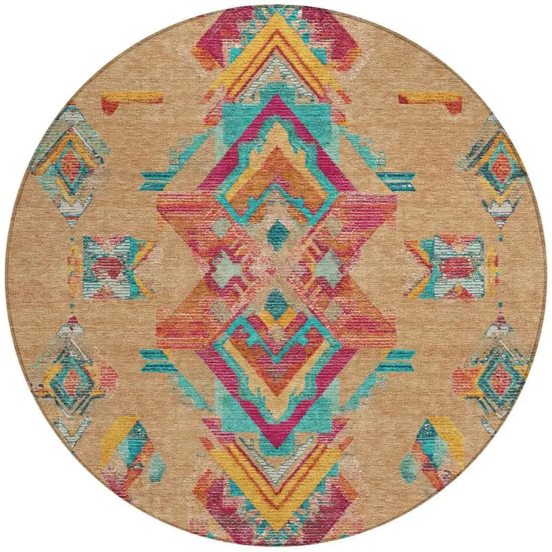 8' Copper And Ivory Round Tribal Washable Indoor Outdoor Area Rug Homeroots Outdoor