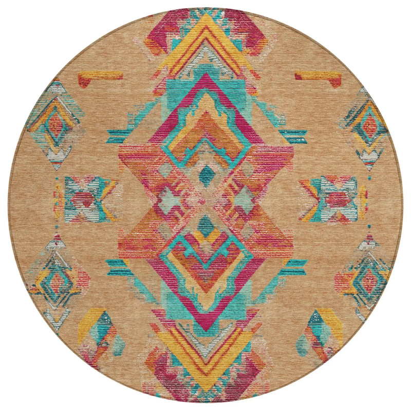 8' Copper And Ivory Round Tribal Washable Indoor Outdoor Area Rug Homeroots Outdoor