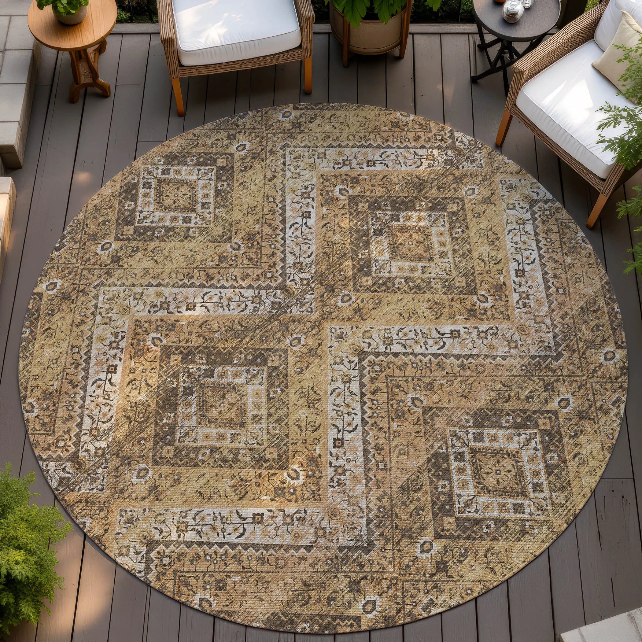 8' Copper And Khaki Round Tribal Washable Indoor Outdoor Area Rug Homeroots Outdoor