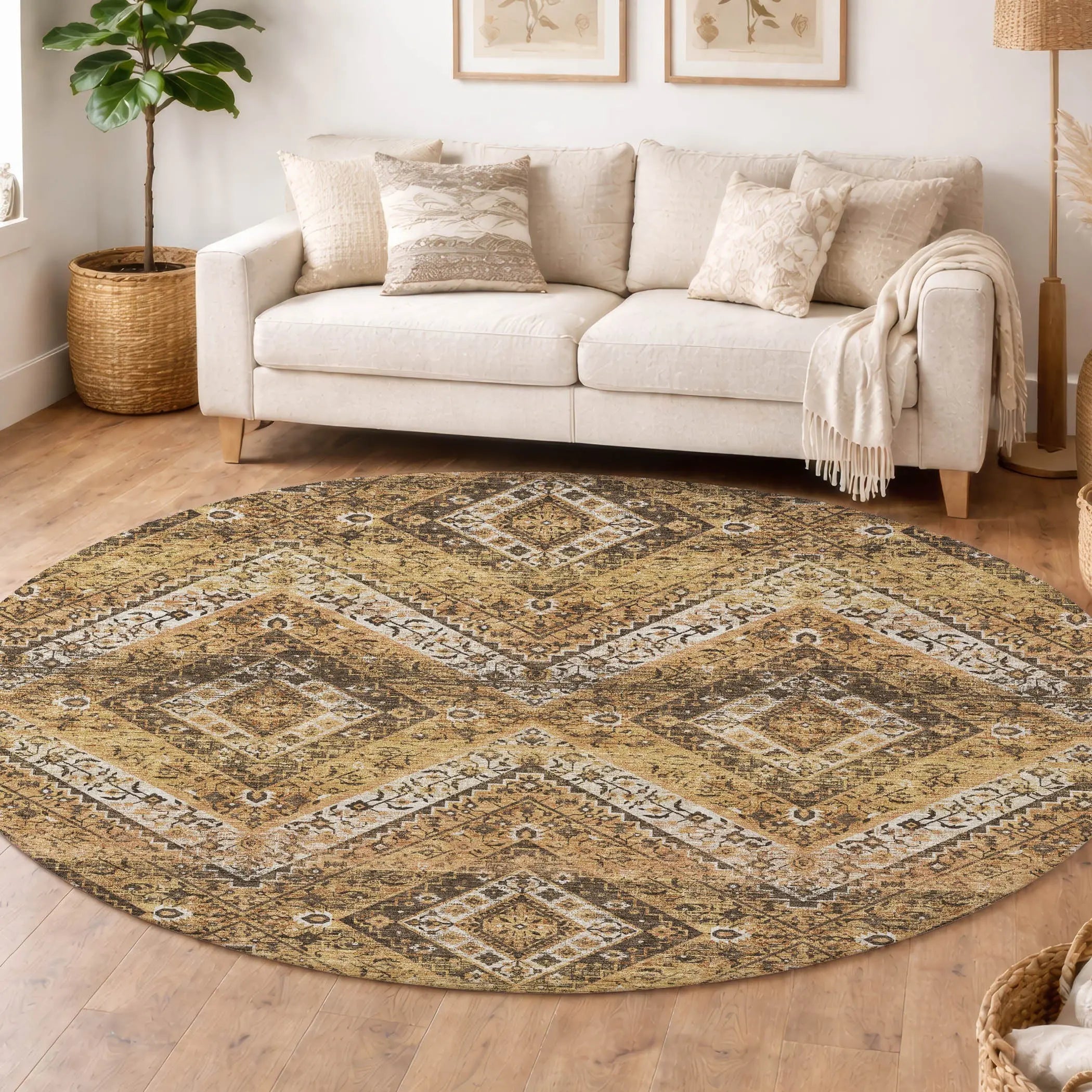 8' Copper And Khaki Round Tribal Washable Indoor Outdoor Area Rug Homeroots Outdoor