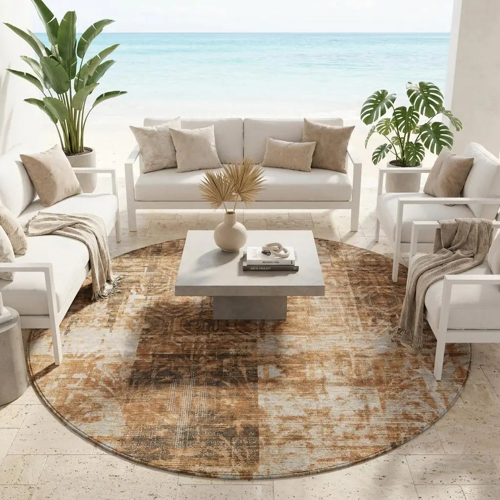8' Copper And Orange Round Abstract Washable Indoor Outdoor Area Rug Homeroots Outdoor