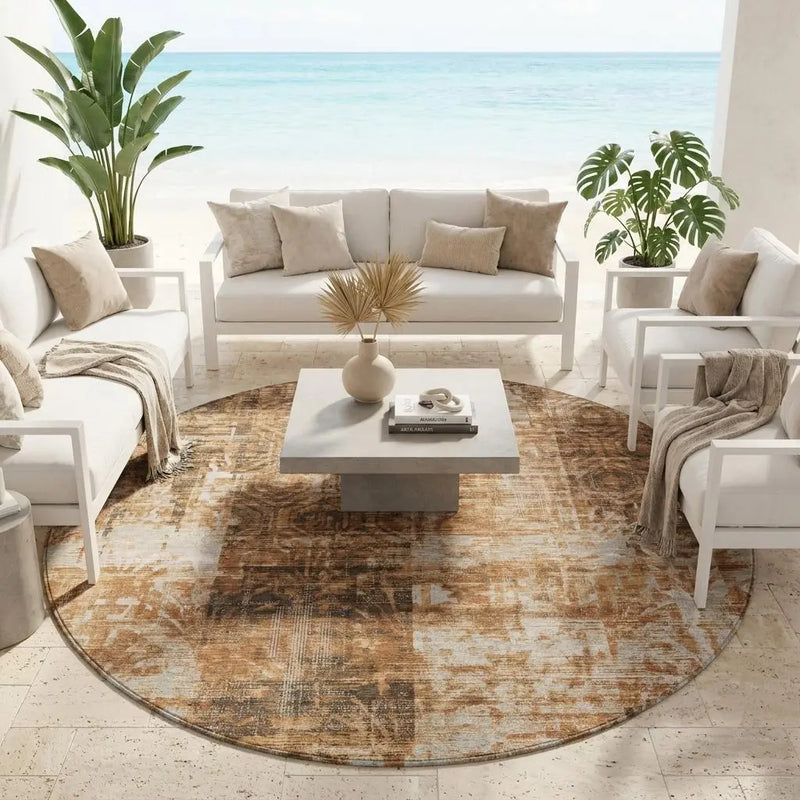 8' Copper And Orange Round Abstract Washable Indoor Outdoor Area Rug Homeroots Outdoor