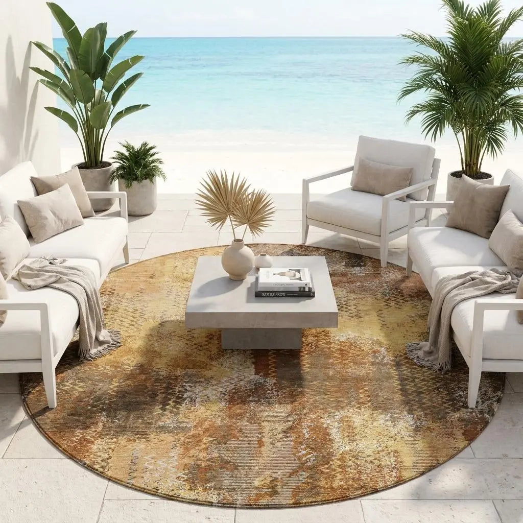 8' Copper And Orange Round Abstract Washable Indoor Outdoor Area Rug Homeroots Outdoor