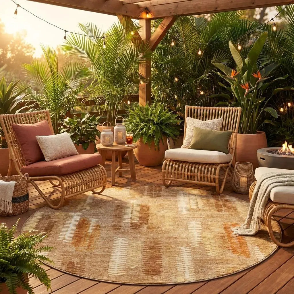 8' Copper And Orange Round Abstract Washable Indoor Outdoor Area Rug Homeroots Outdoor