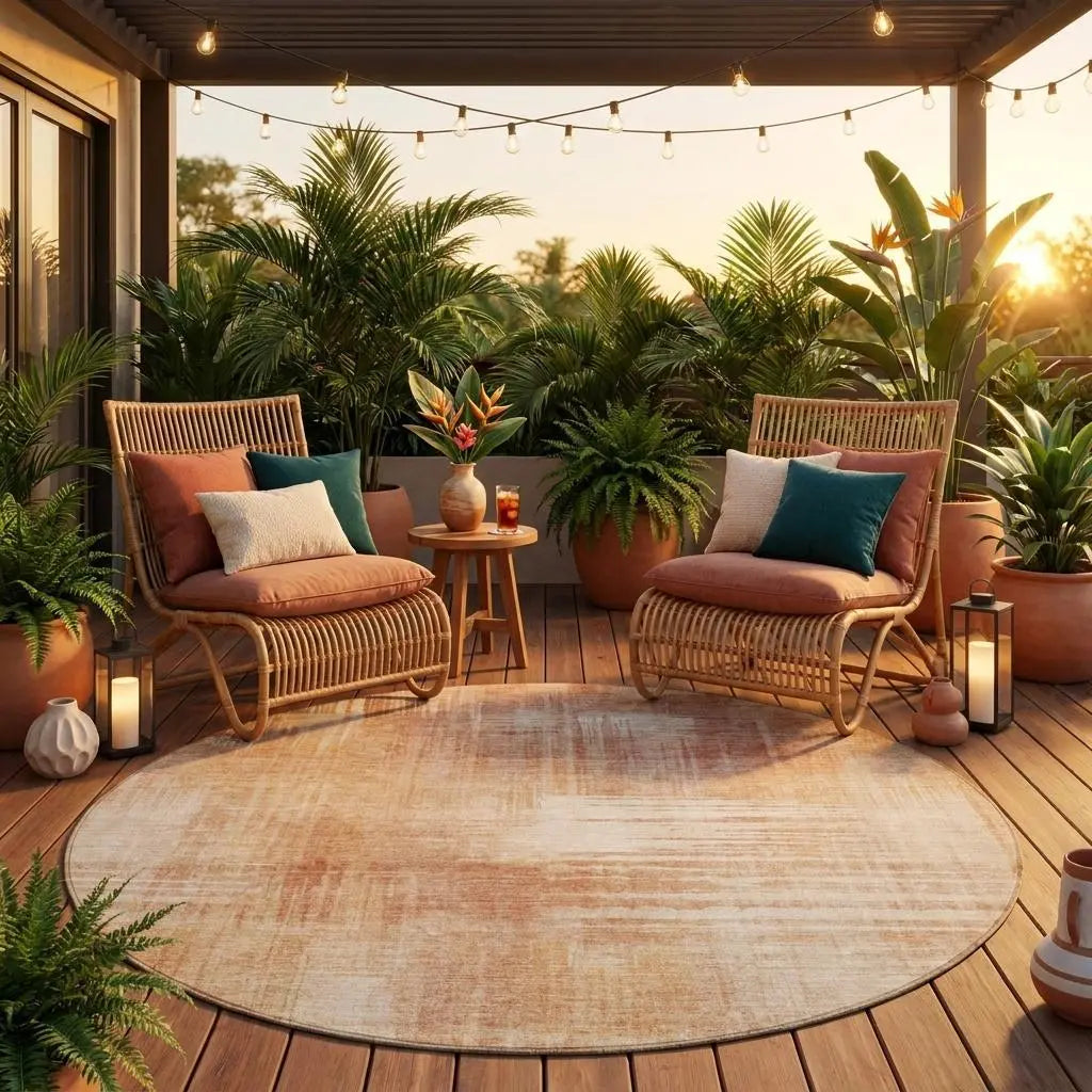 8' Copper And Orange Round Abstract Washable Indoor Outdoor Area Rug Homeroots Outdoor