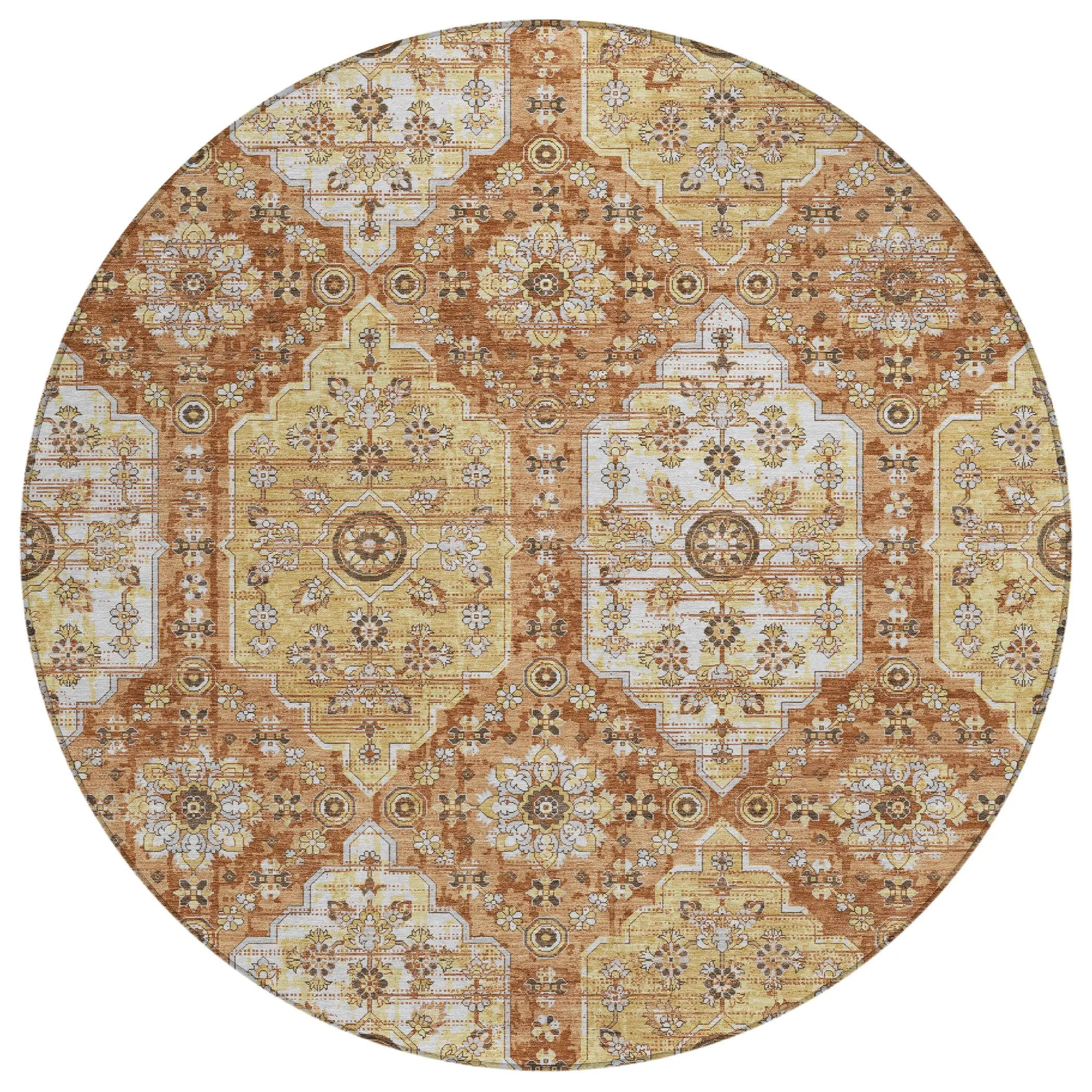 8' Copper And Orange Round Damask Washable Indoor Outdoor Area Rug Homeroots Outdoor