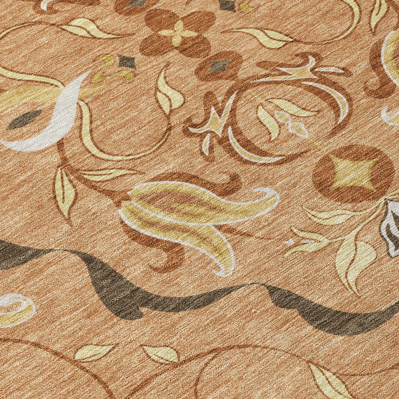 8' Copper And Orange Round Damask Washable Indoor Outdoor Area Rug Homeroots Outdoor