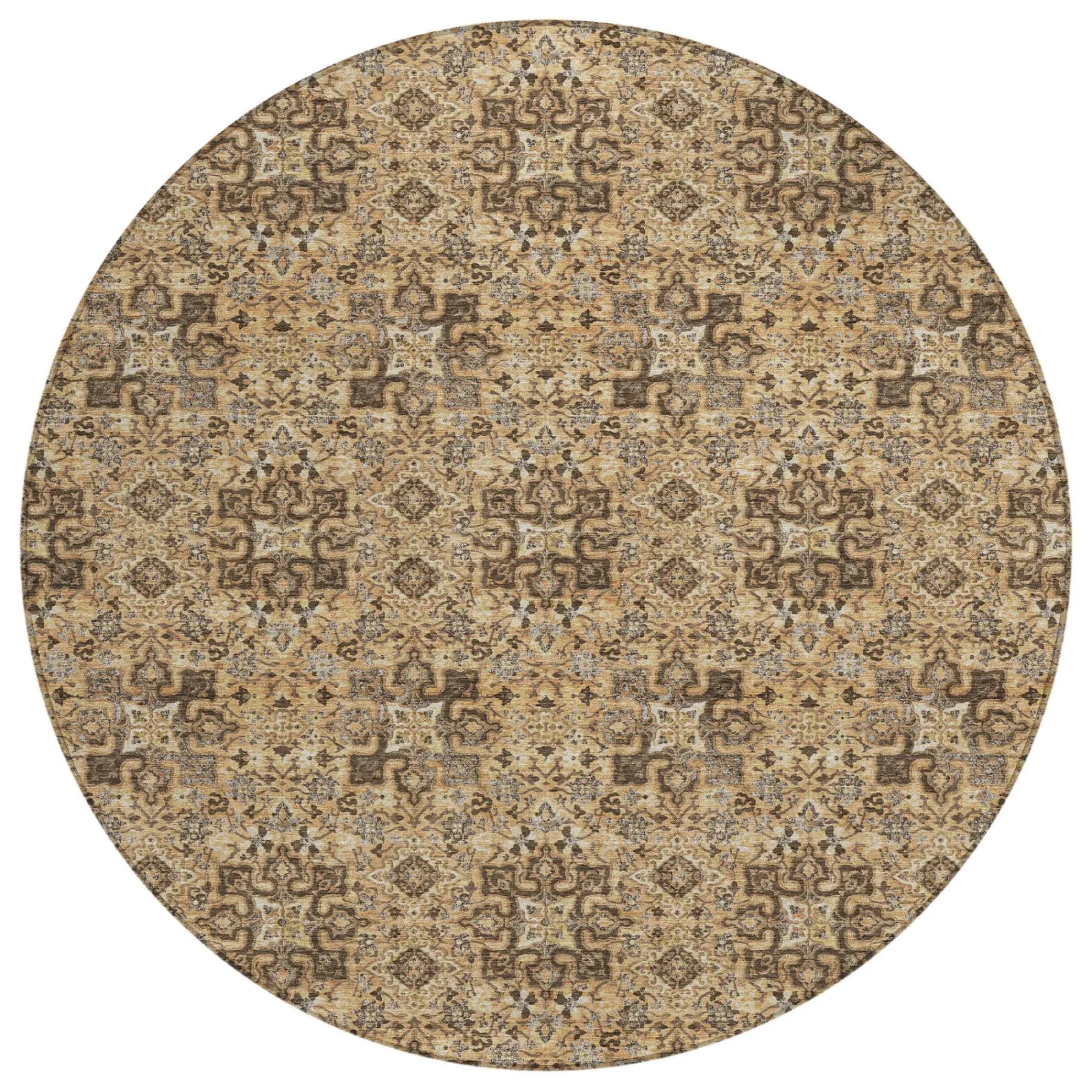 8' Copper And Orange Round Damask Washable Indoor Outdoor Area Rug Homeroots Outdoor