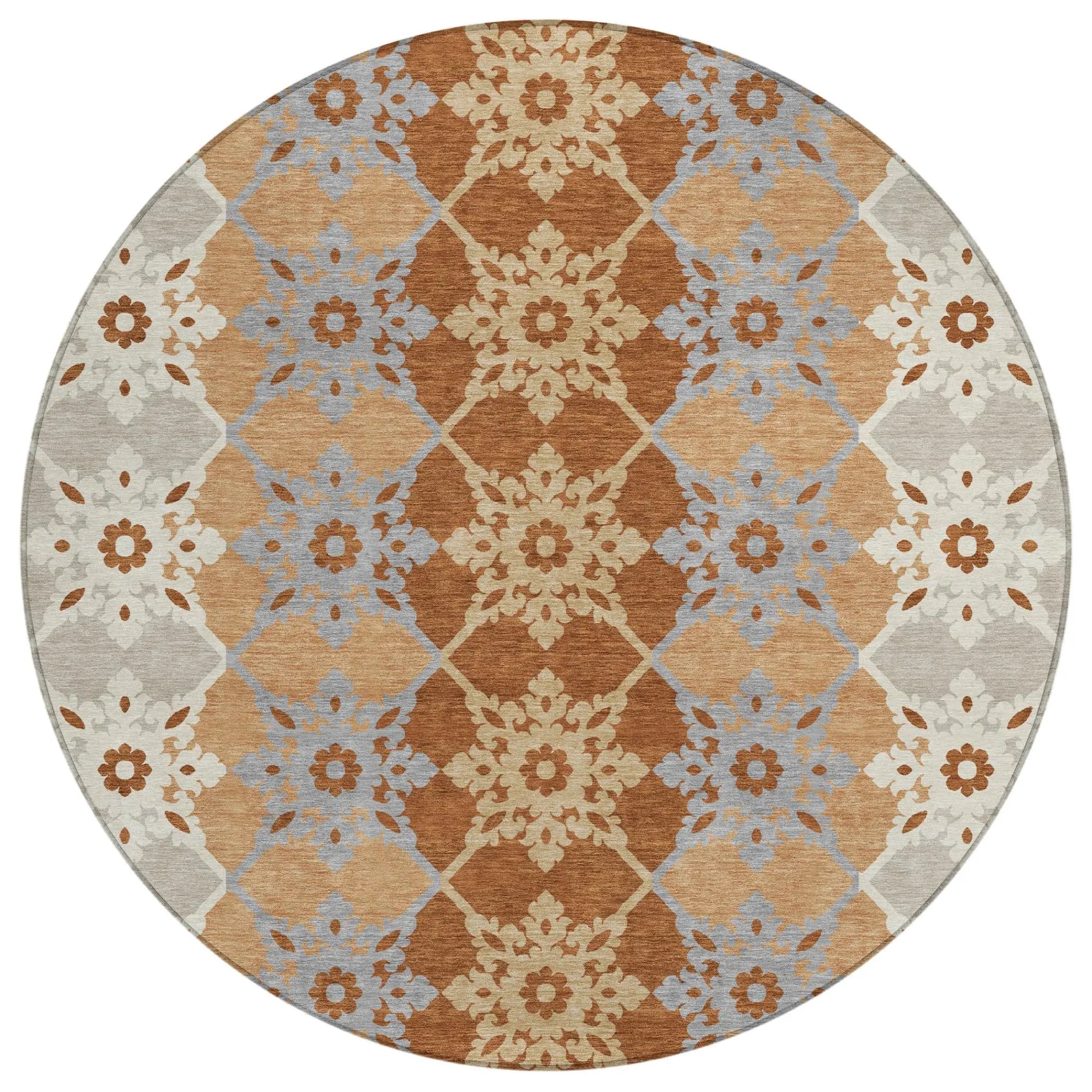 8' Copper And Orange Round Floral Medallion Washable Indoor Outdoor Area Rug Homeroots Outdoor