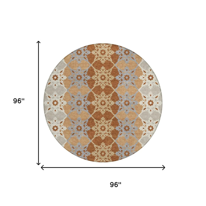 8' Copper And Orange Round Floral Medallion Washable Indoor Outdoor Area Rug Homeroots Outdoor