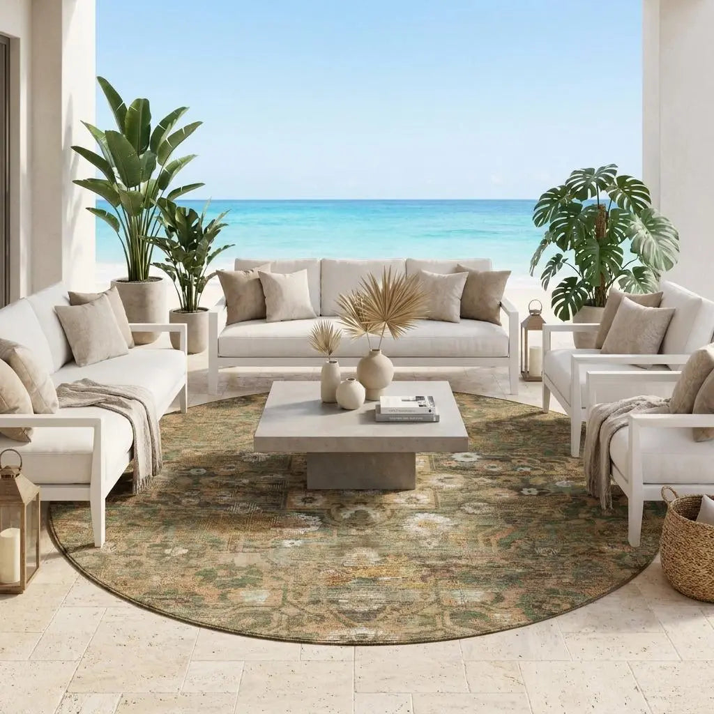 8' Copper And Orange Round Floral Medallion Washable Indoor Outdoor Area Rug Homeroots Outdoor