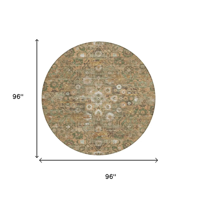 8' Copper And Orange Round Floral Medallion Washable Indoor Outdoor Area Rug Homeroots Outdoor