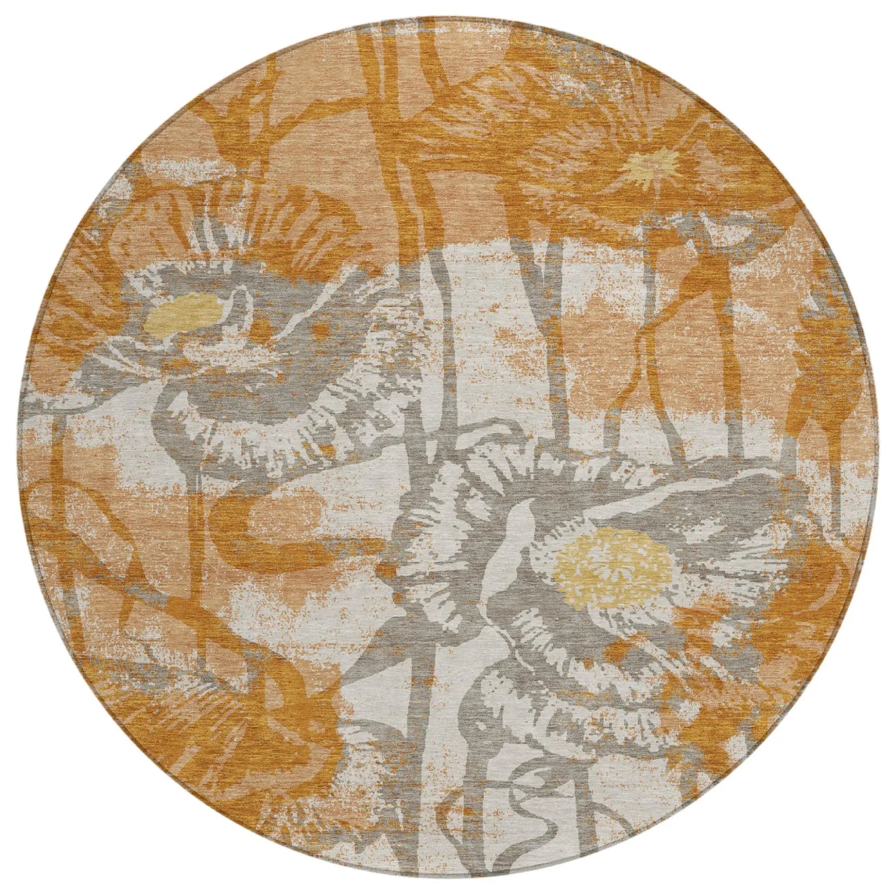 8' Copper And Orange Round Floral Washable Indoor Outdoor Area Rug Homeroots Outdoor