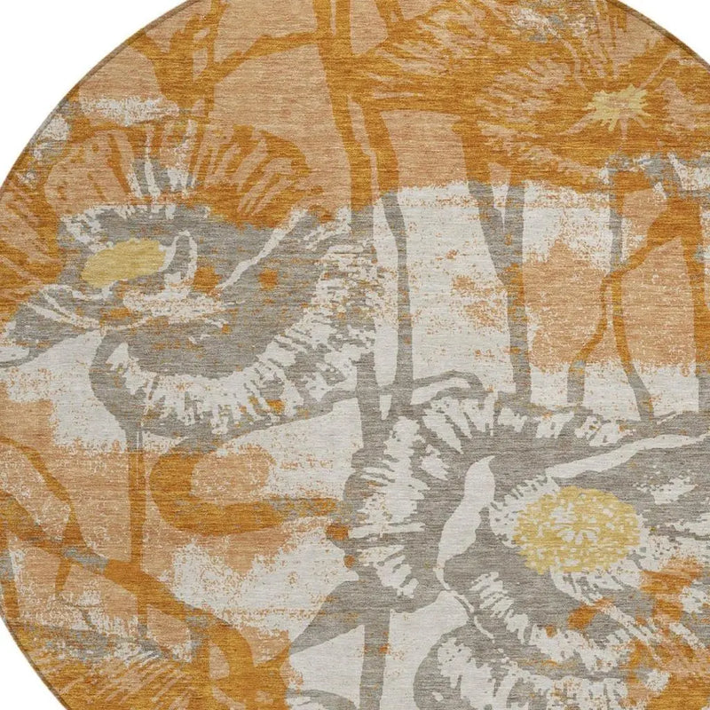 8' Copper And Orange Round Floral Washable Indoor Outdoor Area Rug Homeroots Outdoor