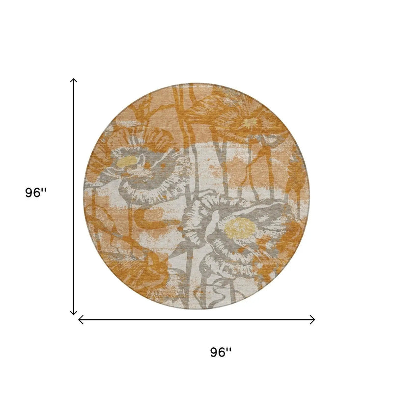 8' Copper And Orange Round Floral Washable Indoor Outdoor Area Rug Homeroots Outdoor
